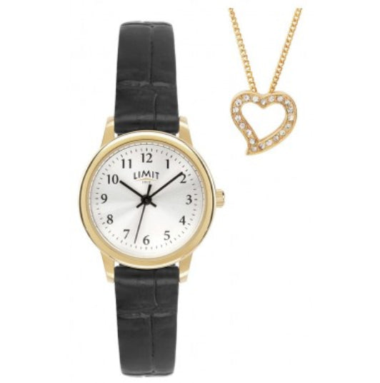 Limit Ladies Limit Black Faux Leather Strap Watch and Gold Pendant