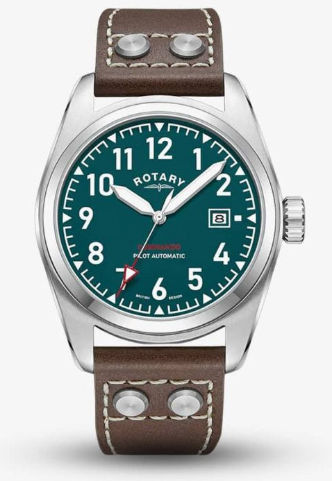 Rotary Mens 1895 Pilot Automatic Green Dial Leather Watch GS05470/73