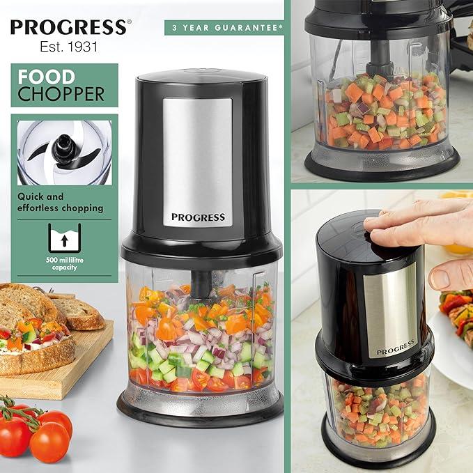 Progress Electric Food Chopper – Compact Food Processor, 500ml Chopping Bowl, Multifunctional Vegetable Chopper, Detachable Stainless Steel Twin Blade, One-Touch Operation, Non-Slip Base, 400W