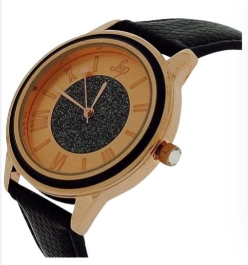 Lipsy London Ladies Glittery and Rose gold tone dial Black Leather Strap Watch LP270 - CLEARANCE NEEDS RE-BATTERY