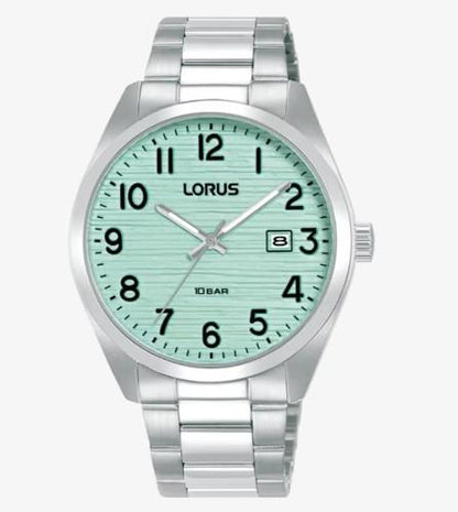 Lorus Mens  Basic Fashion Date Light Green Textured Dial Silver Plated Stainless Steel Bracelet Watch RH909RX9