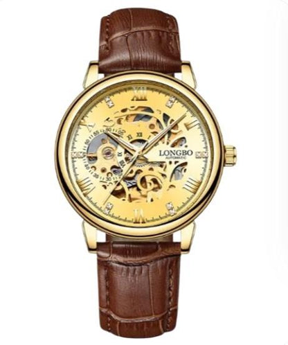 NY London Mens Automatic Hollow mechanical Dial Analogue Gold/Brown Leather Strap Watch