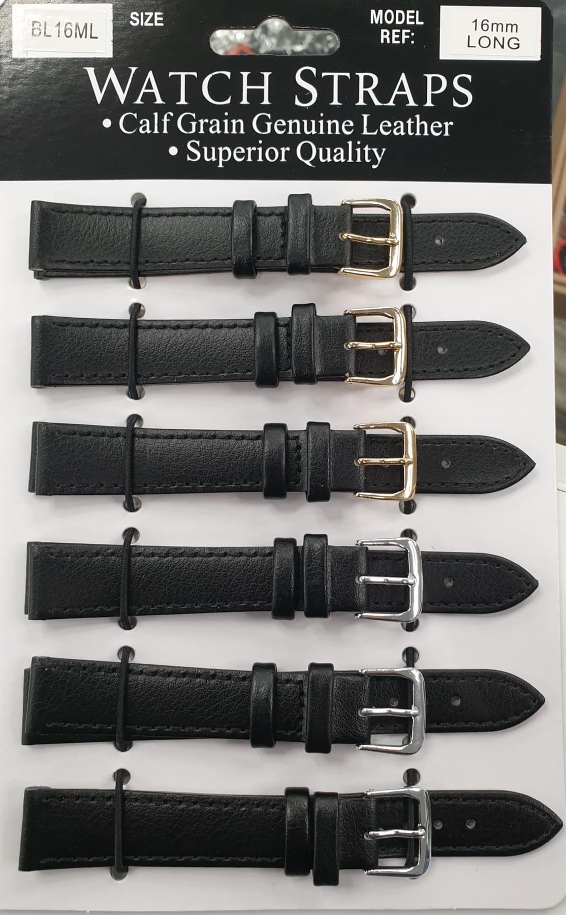 BLML Regular Black Leather Straps LONG card of 6 Available Size 12mm To 24mm