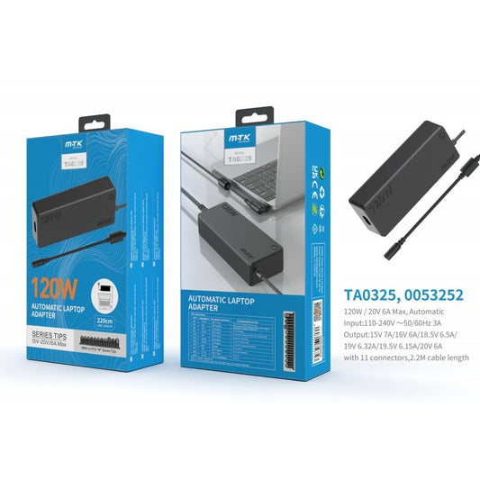 120W Automatic Universal Laptop Charging Adapter, with 11pcs "M" series tips, 1.2M, Input:100-240V 60Hz/50Hz 3A, Output:15V-20V 6A Max, Black