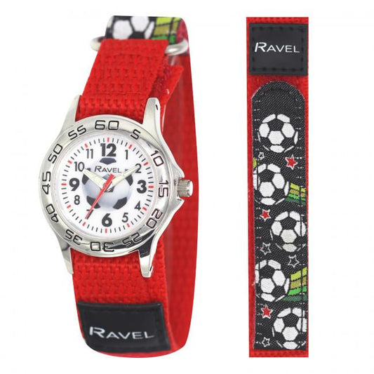 Ravel Childrens White Football Dial Red Velcro Strap Watch R1507.61
