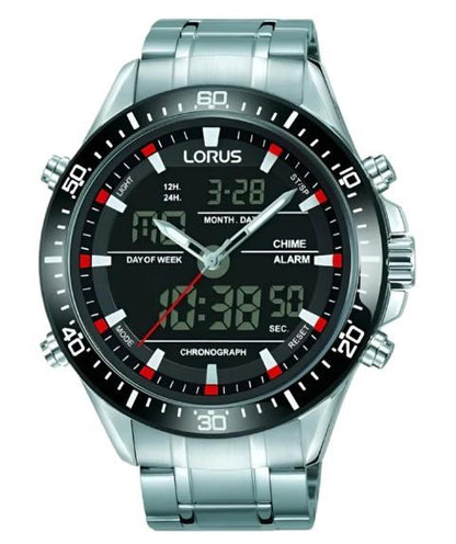 Lorus Mens Chronograph Day Date Black Dial Silver Stainless Steel Bracelet Watch RW635AX5