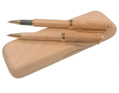 Imperial Wooden Light Brown Gold Trim 2 Ball Pens With Handmade Wooden Box Gift Set IMP310R - CLEARANCE MIGHT NEEDS RE-REFILL