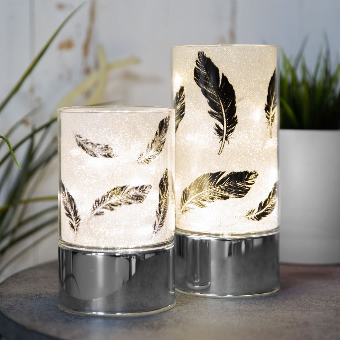 Glass Black Feather Design Tube with LED Lights 9 x 15cm