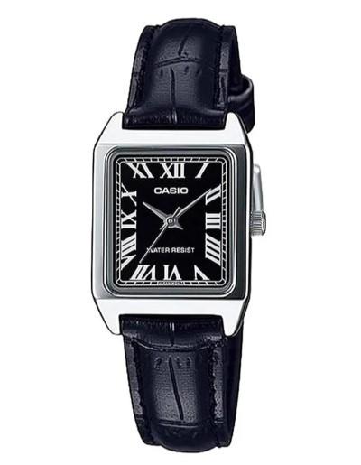 Casio Ladies Basic Water resistant Stainless Steel Rectangle Case Black Dial Black Leather Strap Watch