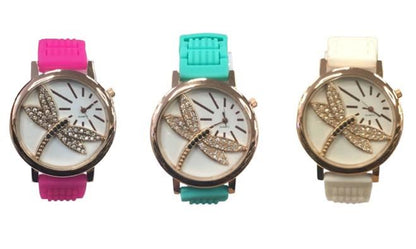 Ladies Fashion Butterfly Bling Dial with Rubber Strap Watch - CLEARANCE NEEDS RE-BATTERY Available Multiple Color