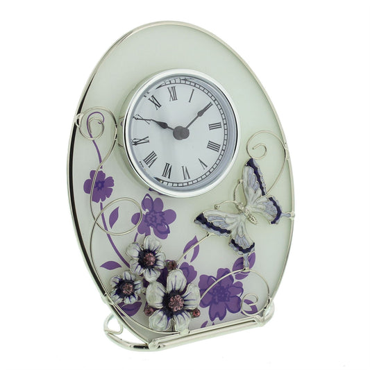Wm.Widdop Glass Oval Purple Butterfly/Flowers/Crystals  Mantel Clock