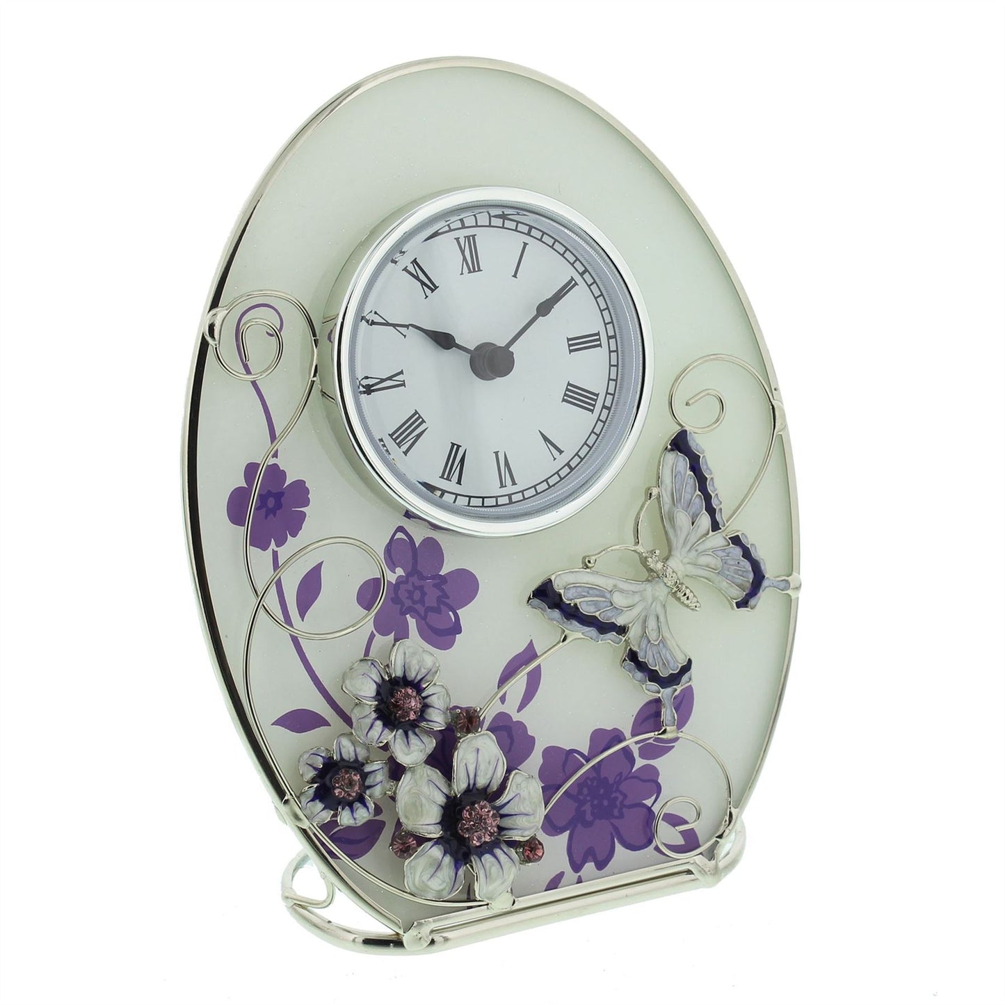 Wm.Widdop Glass Oval Purple Butterfly/Flowers/Crystals  Mantel Clock