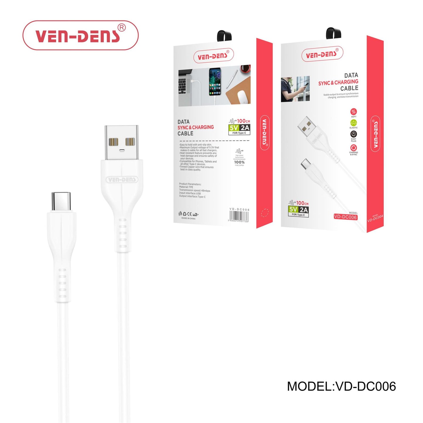 Ven-Dens USB to Type C Charging Cable 2A White (1 Metre) Compatible with iPhone 16 Series