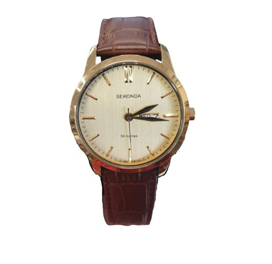 Sekonda Mens Day/Date Golden Dial with Brown Leather Strap Watch