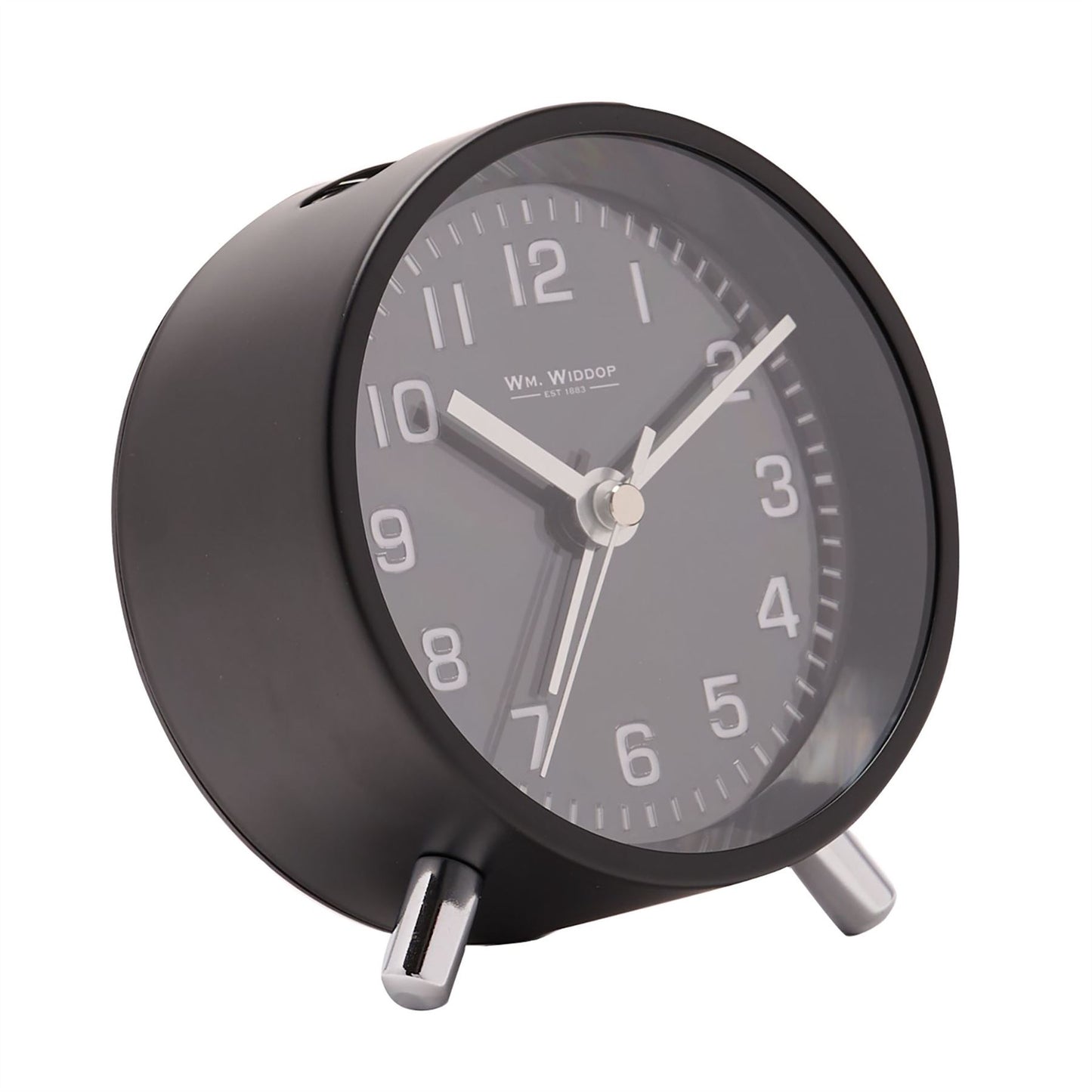 Wm.Widdop Round Alarm Clock Sweep Movement with Silver Hands & Feet - Black