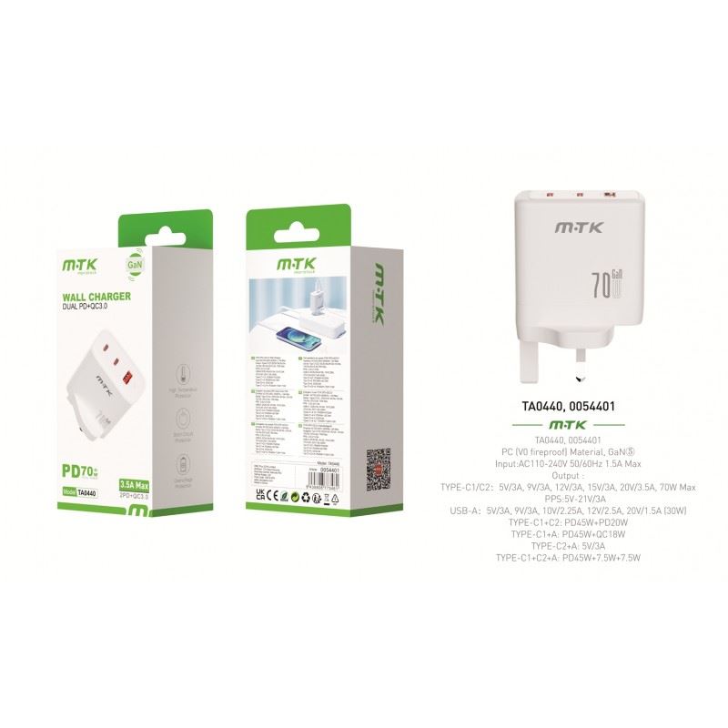 MTK Wall Charger Dual without Cable, PD+QC3.0 70w