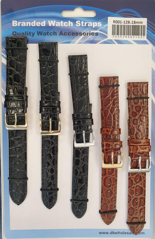 R001-12B 5PK LEATHER WATCH STRAPS AVAILABLE SIZES 12MM TO 22MM