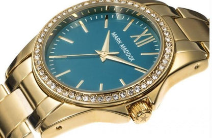 Mark Maddox Ladies Fashion Bling Quartz Blue Dial Analogue Display and Gold stainless steel Bracelet Watch - CLEARANCE NEEDS RE-BATTERY