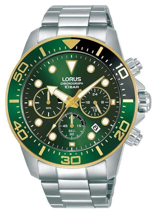 Lorus Mens Chronograph 100m 43mm Dark Green Sunray Dial Stainless Steel Watch RT340JX9