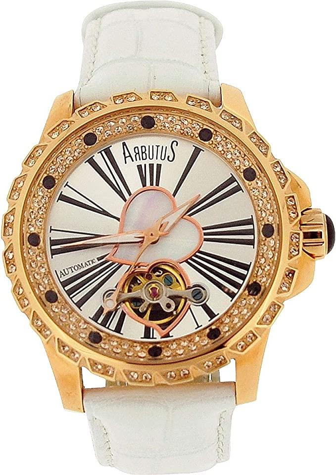 Arbutus Ladies Automatic Leather Strap White Wrist Watch AR409RWW