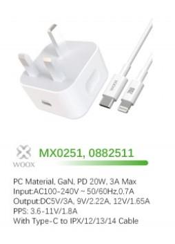 WOOX MX0251 20W PD Home Charger with Type-C to Lightening Fast Cable, 5V 3A, White