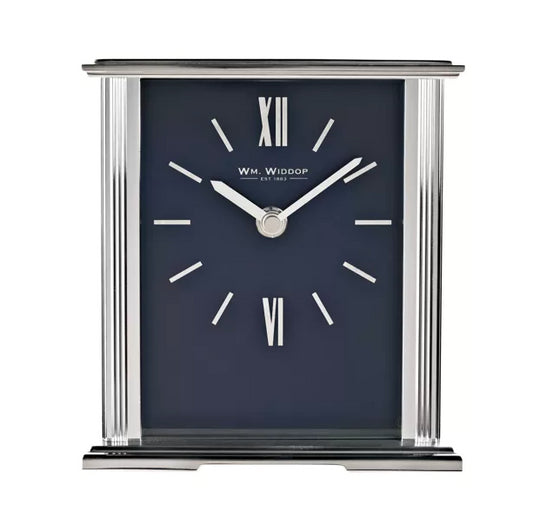 WIDDOP SILVER MANTEL CLOCK NAVY BLUE DIAL W2941