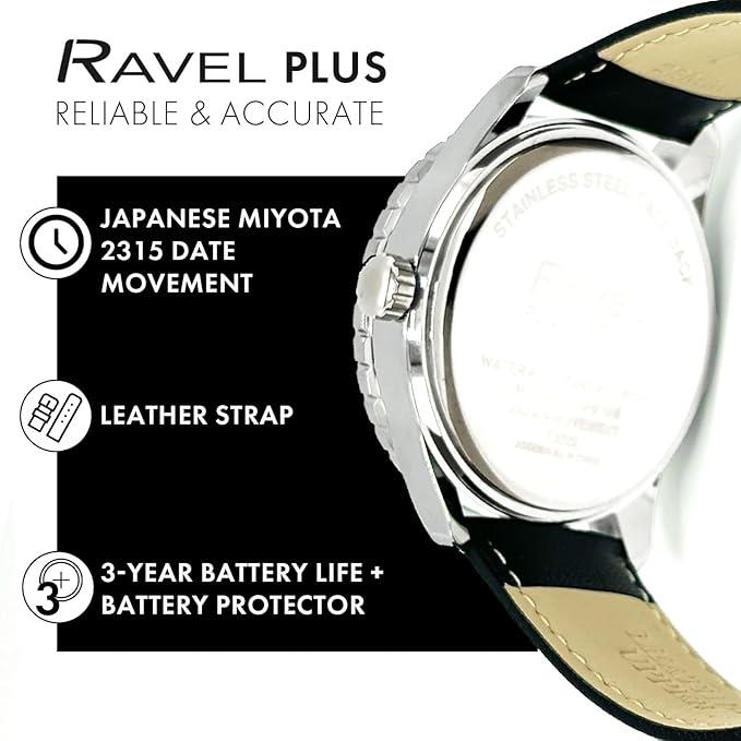 Ravel Mens Fashion Sports 42mm Round 5ATM Dated Dial Rotating Uni-Directional Bezel Black Leather Strap Watch RPD-M Available Multi Colors