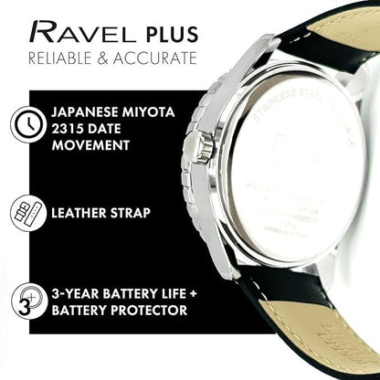 Ravel Mens Fashion Sports 42mm Round 5ATM Dated Dial Rotating Uni-Directional Bezel Black Leather Strap Watch RPD-M Available Multi Colors