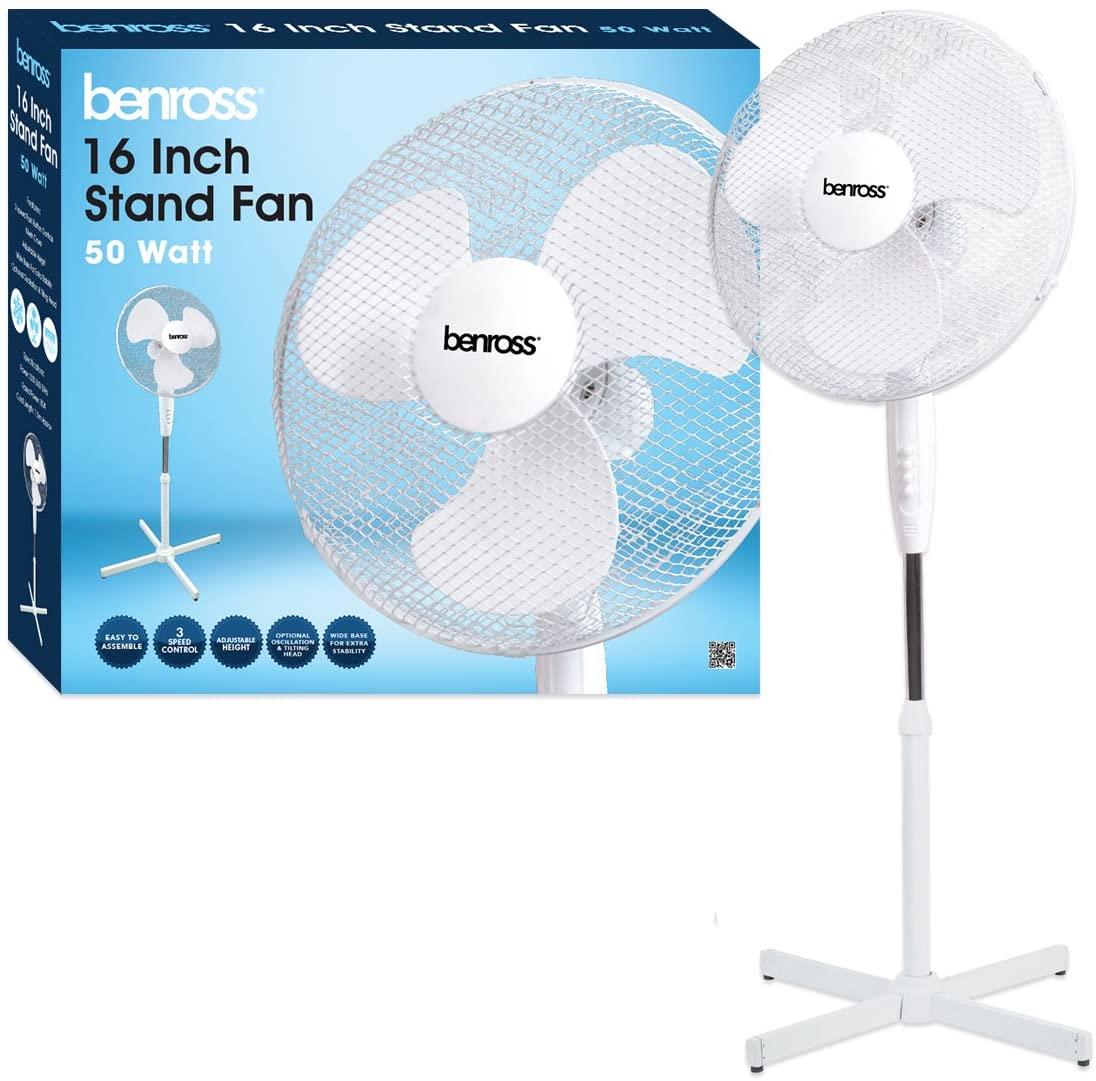 Benross 16 inch 3-Speed Pedestal Stand Fan Oscillating and Tilting Head White- 43930