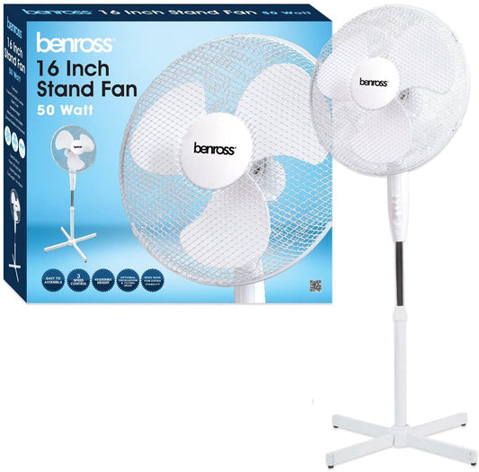 Benross 16 inch 3-Speed Pedestal Stand Fan Oscillating and Tilting Head White- 43930