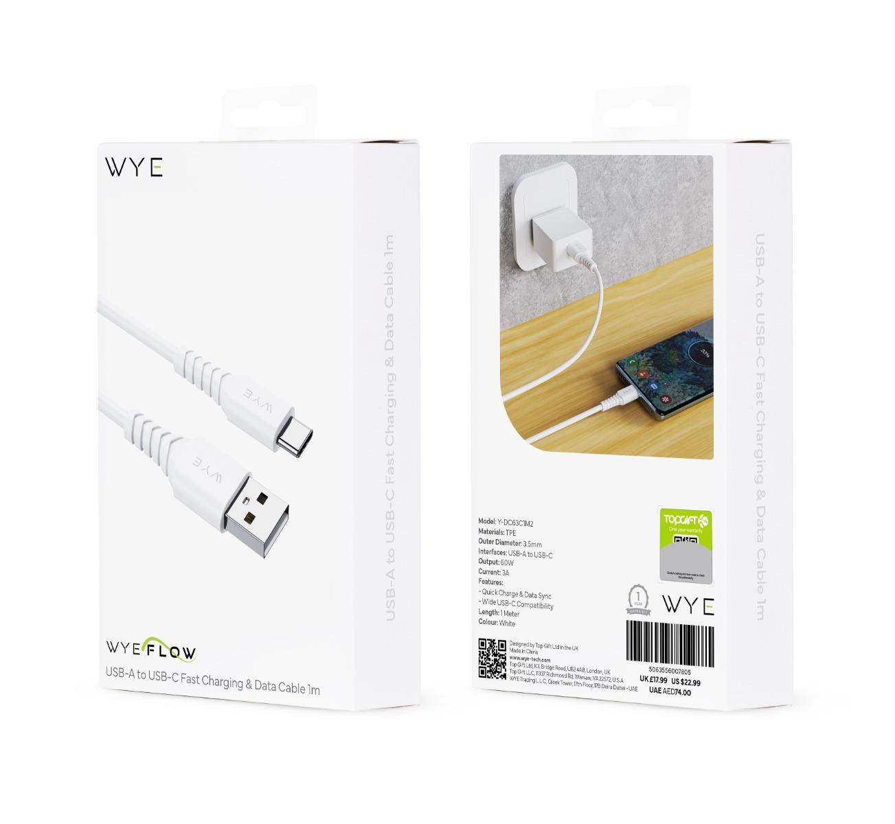 WYE USB-A to USB-C 60W Fast Charging & Data Cable 1m