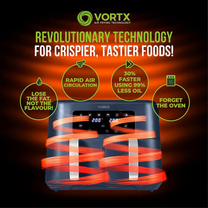 Tower Vortx 8.5L Dual Basket Air Fryer with Dual Cook Function, 2400W, Grey & Chrome