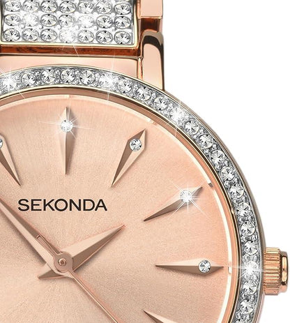 Sekonda Seksy Ladies Bling Brilliance 31mm Round Rose Gold Stone Set Analogue with Two Tone Jewelled Bracelet Watch