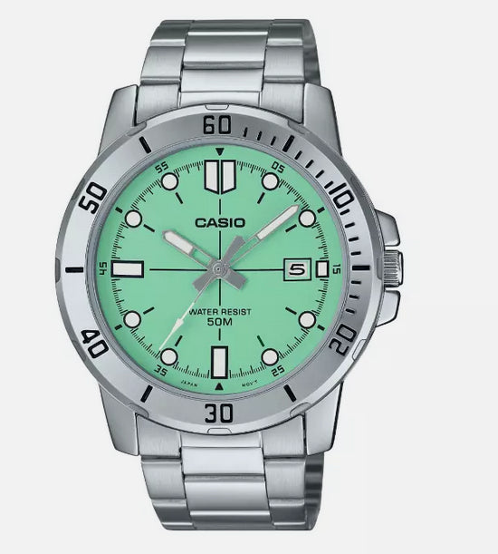 Casio Men's Silver Stainless Steel Green Dial Analogue Watch MTP-VD01D-3E1VUDF