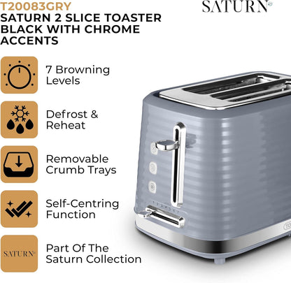 Tower Saturn 2-Slice Toaster with 7 Browning Levels Grey and Chrome Accents