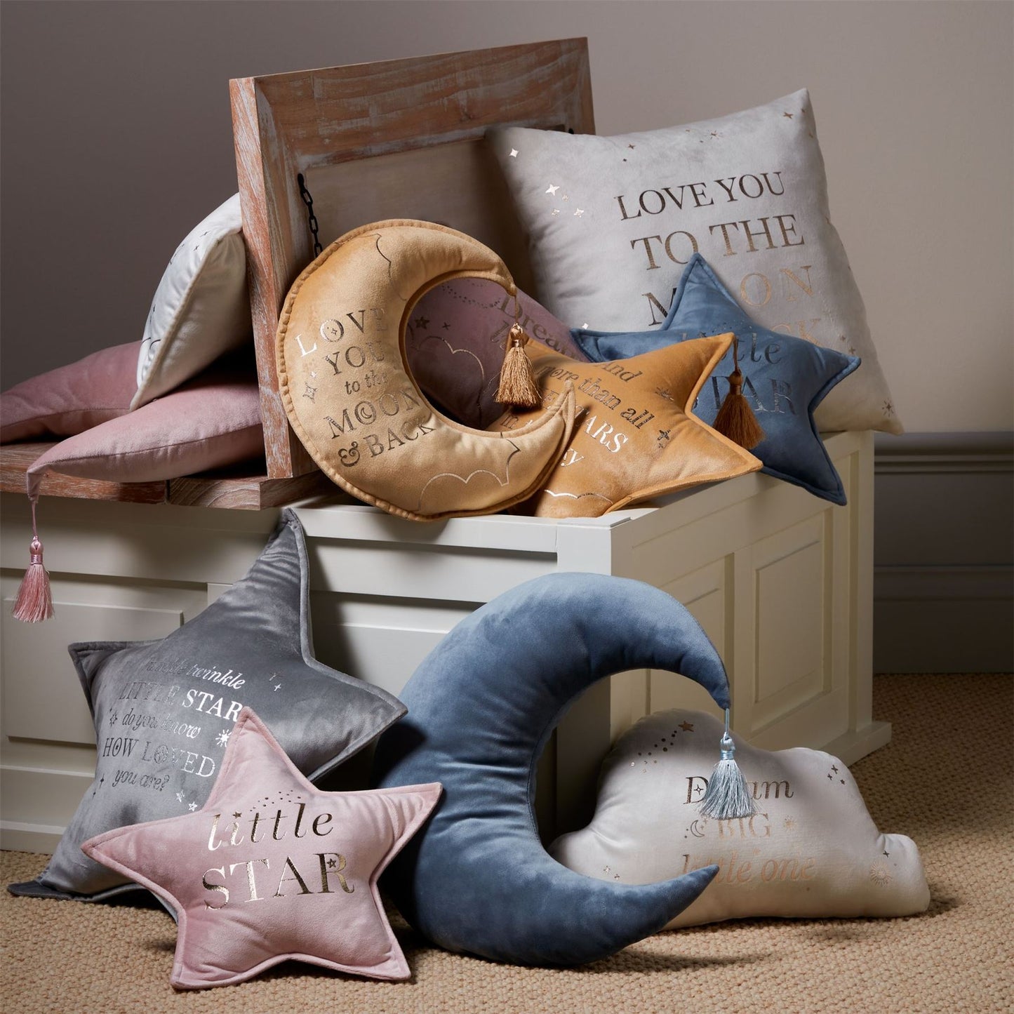 Bambino Velvet Moon & Star Cushion 32cm Mustard