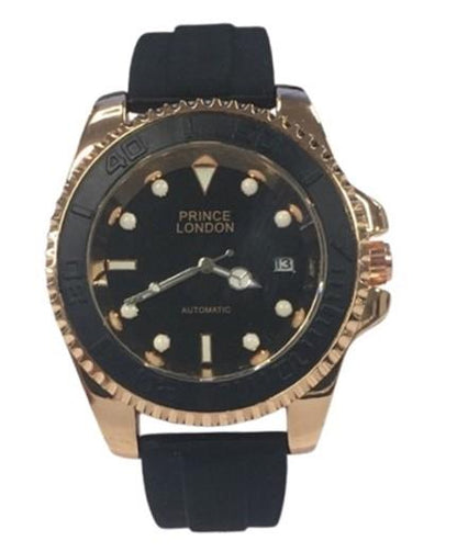 NY London Mens Automatic Dated Dial Analogue RoseGold/Black Rubber Strap Watch