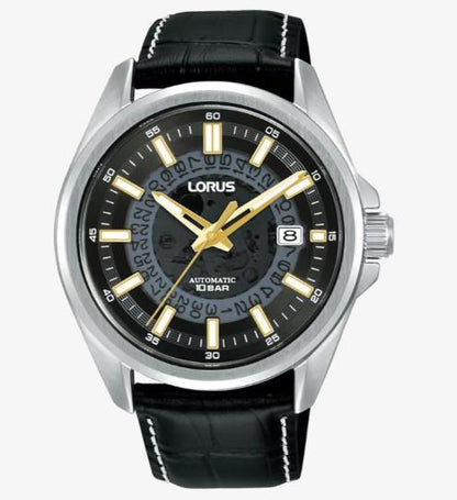 Lorus Mens Automatic Date Black Dial Black Leather strap Watch RU411AX9