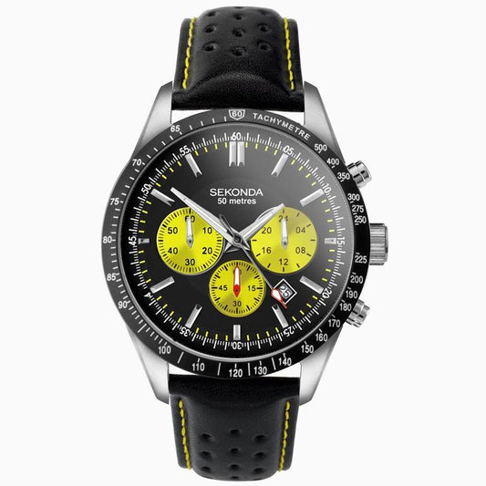 Sekonda Mens Velocity Chronograph Silver Case & Black Leather Strap with Yellow/Black Dial Watch 30068