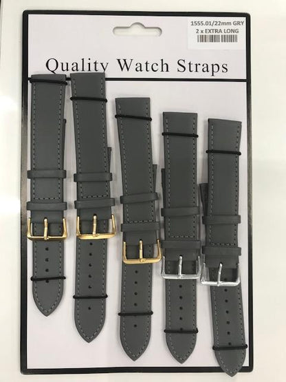 1555.03 2X EXTRA LONG GREY LEATHER WATCH STRAPS PK5 AVAILABLE SIZES 18MM - 22MM