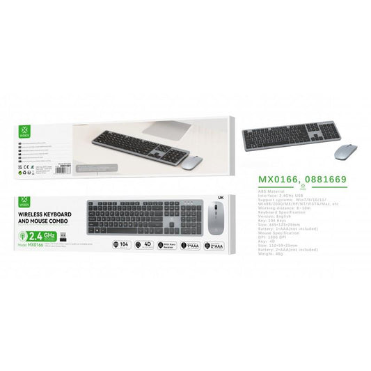 Woox 2.4G Wireless Keyboard & Mouse Combo, 800-1200-1600DPI, 1*AA battery (not Incl) English, Grey MX0166