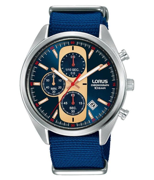 Lorus Mens Urban Chronograph Dated Blue Dial Blue Nylon Strap Watch RM357GX9 BRAND NEW BUT NEEDS BATTERY