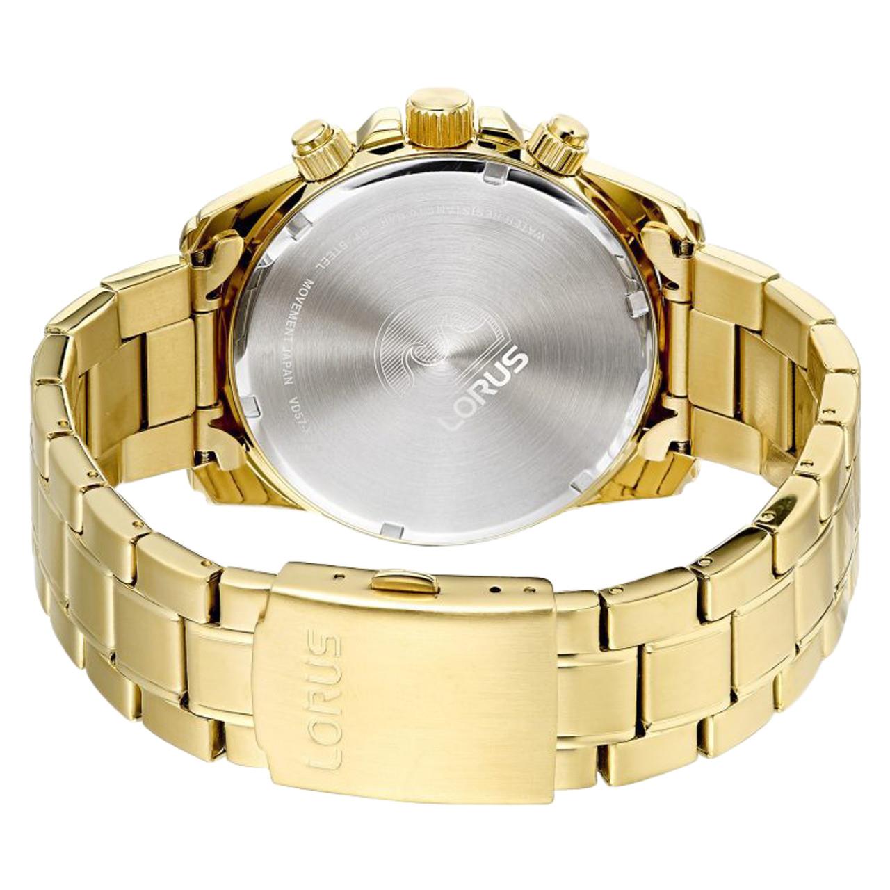 Lorus Mens 43mm Chronograph Tachymeter Quartz Dated Black Dial Golden Steel Bracelet Watch