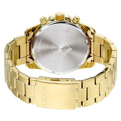 Lorus Mens 43mm Chronograph Tachymeter Quartz Dated Black Dial Golden Steel Bracelet Watch