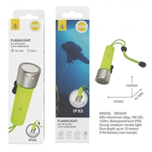 Diving Light, 1W XPE, 150 Lumen's, 4.2x4.2x16cm, 4*AA (not included), Silver & Yellow