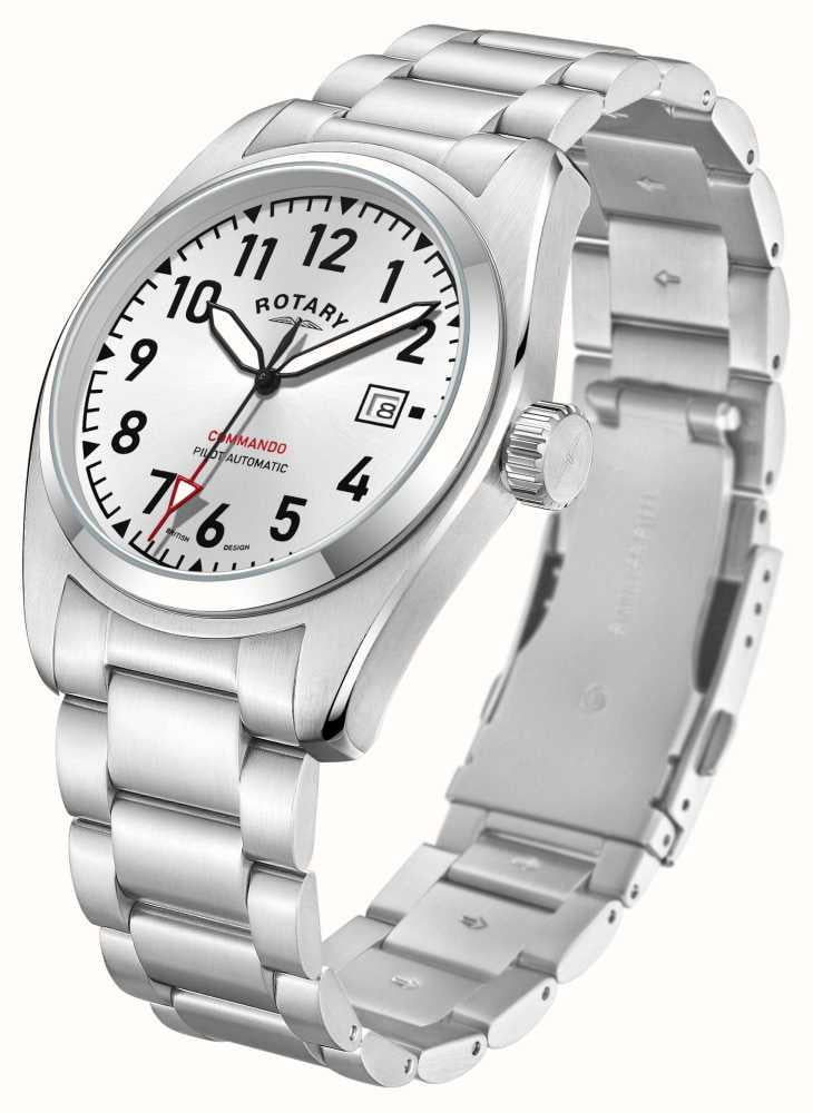 Rotary Mens Commando Dated Silver Dial And Silver Stainless Steel Bracelet Watch