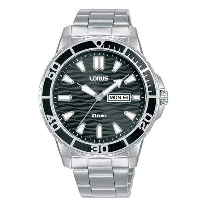 Lorus Mens Sports Day Date Black Dial Seigaiha-mon With Stainless Steel Bracelet Watch RH361AX9