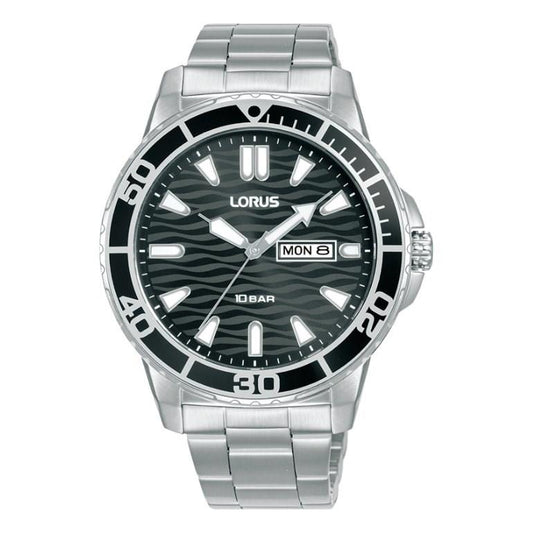 Lorus Mens Sports Day Date Black Dial Seigaiha-mon With Stainless Steel Bracelet Watch RH361AX9