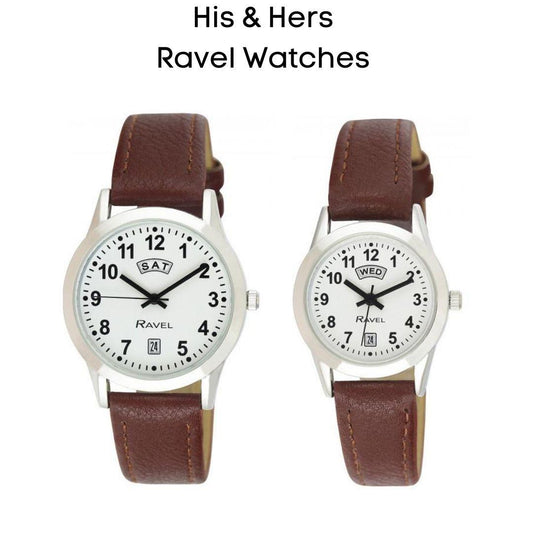 Ravel Mens Stainless Steel Day/Date Brown Faux Leather Strap Watch + Ravel Womens Stainless Steel Day/Date Brown Faux Leather Strap Watch R0706.41.1+ R0706.41.2