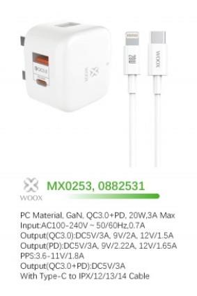 WOOX MX0253 20W PD+QC Home Charger with Type-C to Lightening Fast Cable, 5V 3A, White